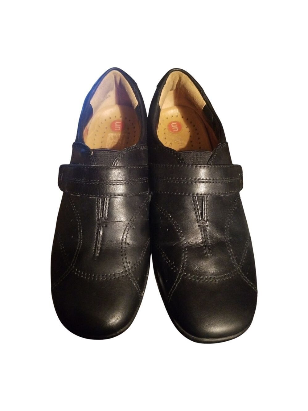 Clarks Unstructured Black Leather Flats with Velcro Strap and Rubber Sole